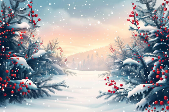 雪地里的紅色漿果和松樹林