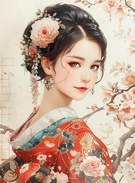 身穿和服、頭戴鮮花的美麗日本女性