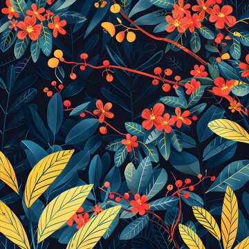 紅色和黃色花朵與樹葉圖案
