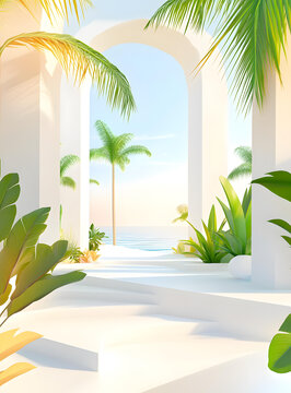 熱帶簡約拱門景觀與棕櫚樹和海景
