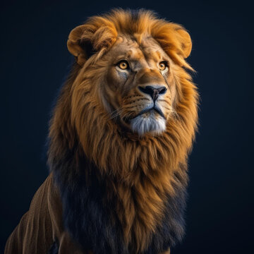 一只威風(fēng)凜凜的金毛雄獅在黑暗的背景下凝視