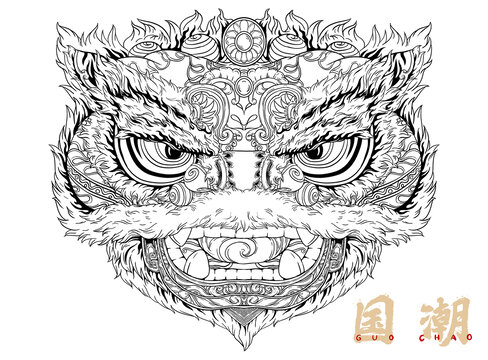 國潮醒獅手繪線稿