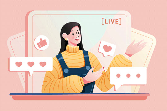 扁平風(fēng)美女主播在線直播上課插畫
