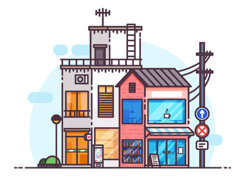描邊風(fēng)書(shū)店和便利店建筑組合
