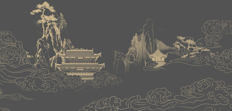 手繪描金線描山水畫