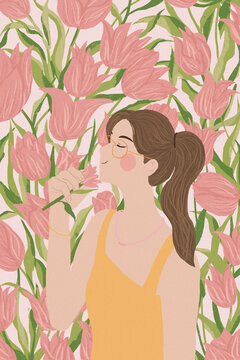 肌理插畫花與女孩