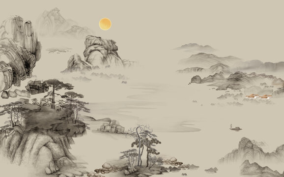 高端新中式山水背景墻壁畫