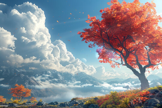 紅葉樹與山