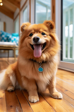 一只博美犬坐在木地板上