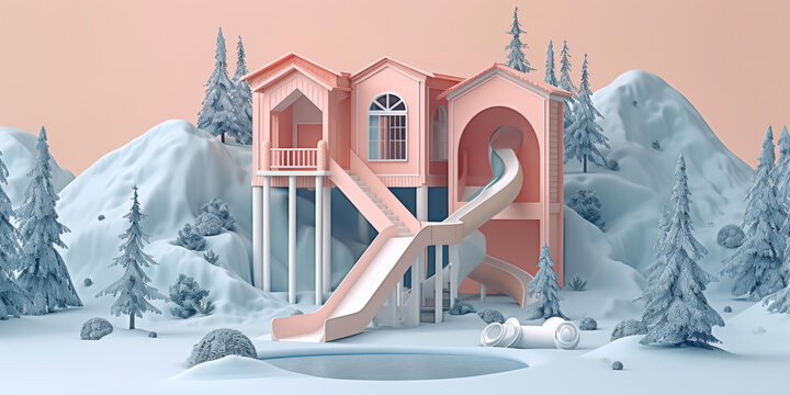 雪山上的粉色房子