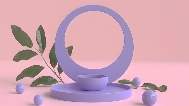粉色背景上帶有綠色葉子的紫色幾何形狀