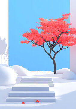 簡約3D樹木階梯白底背景