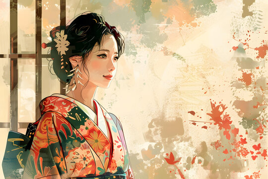 一個(gè)身穿和服的日本女人的插圖