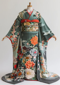 身穿綠色花卉圖案和服的女性