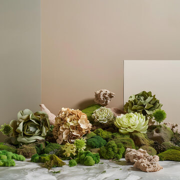 綠色和米色花卉裝飾與苔蘚和巖石