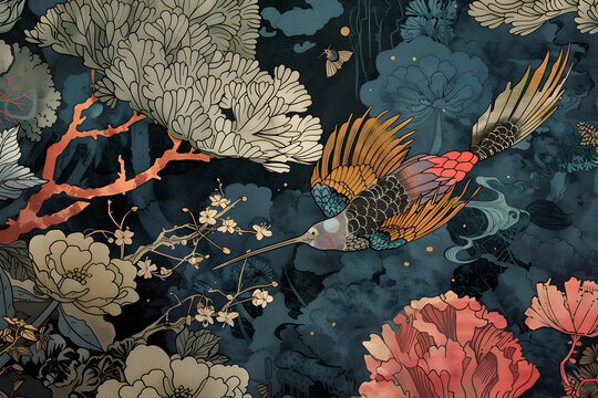 復(fù)古日本風(fēng)格蜂鳥花卉圖案