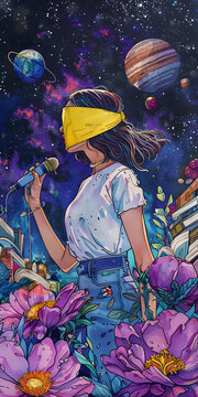 一個女孩在花田里唱歌，背景中有行星和書籍