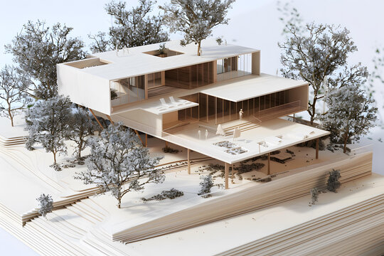 帶樹木和人物的現(xiàn)代房屋建筑模型