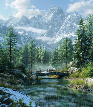 雪山腳下河流上的石橋