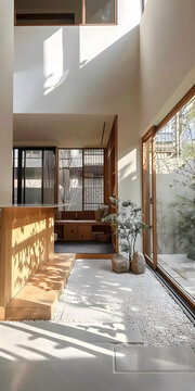 日式極簡(jiǎn)風(fēng)格家居室內(nèi)設(shè)計(jì)，白色鵝卵石地板和綠色植物