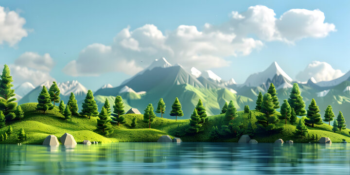 低多邊形3D山湖風(fēng)景
