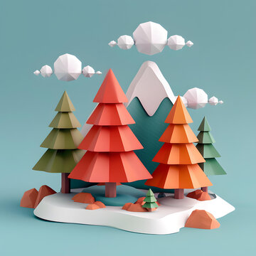 3D：冬日森林，多彩的樹(shù)木和雪山