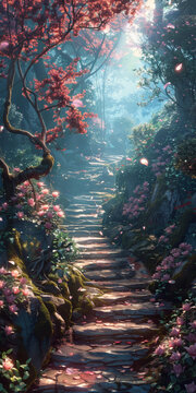 奇幻粉紅花瓣森林小徑