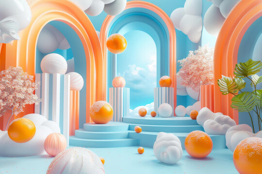 抽象橙色球體拱門3D