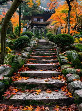 紅葉圍繞的日本寺廟