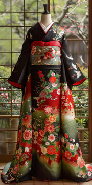 一件帶花卉圖案的和服和一條紅色腰帶