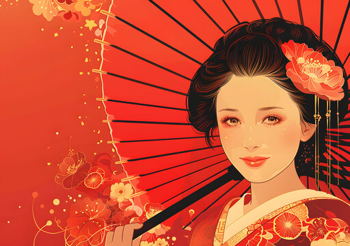 身穿和服撐著紅傘的日本藝伎