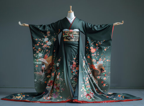 身穿綠色帶花紋和服的婦女