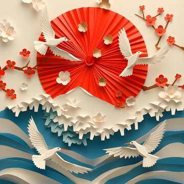 紙藝作品-鳥(niǎo)兒與櫻花和紅日