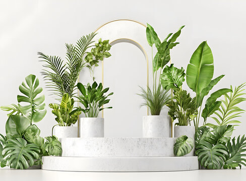 白色大理石拱門與綠色植物產(chǎn)品展示臺(tái)