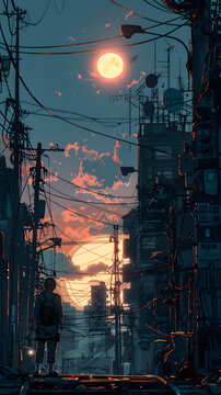城市巷道中的剪影，夕陽西下