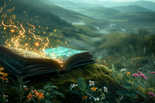 一本打開的魔法書背景是一幅美麗的風(fēng)景