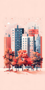 秋天城市景觀，紅色樹木和建筑