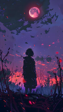 女孩站在粉色月亮下的田野里剪影