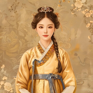 身穿韓國(guó)傳統(tǒng)服飾的年輕女子肖像