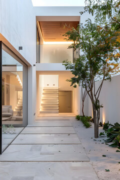 現(xiàn)代簡約風(fēng)格的白色外墻建筑，石板路和綠植