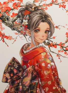 身著紅色和服的日本女性與櫻花