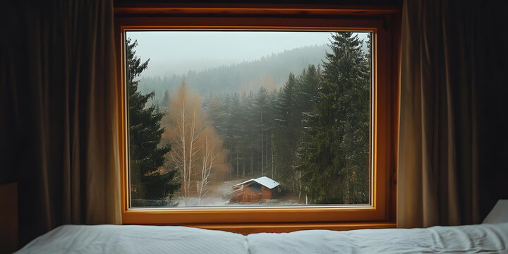 透過窗戶看雪景森林里的木屋