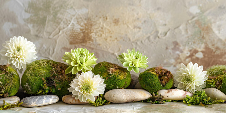 青苔石頭上的白色和綠色花朵