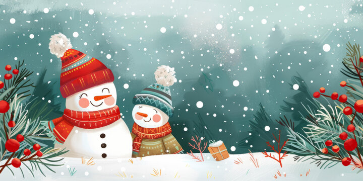 兩個(gè)雪人在下雪的森林里旁邊有一個(gè)禮物
