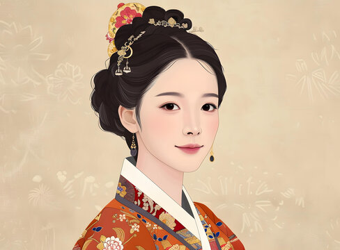 身穿韓國傳統(tǒng)服飾的年輕韓國女性肖像