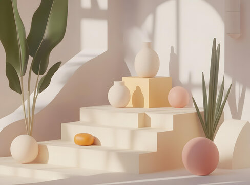 極簡主義3D渲染靜物，帶花瓶和球體