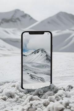 手機屏幕上顯示的雪山景觀