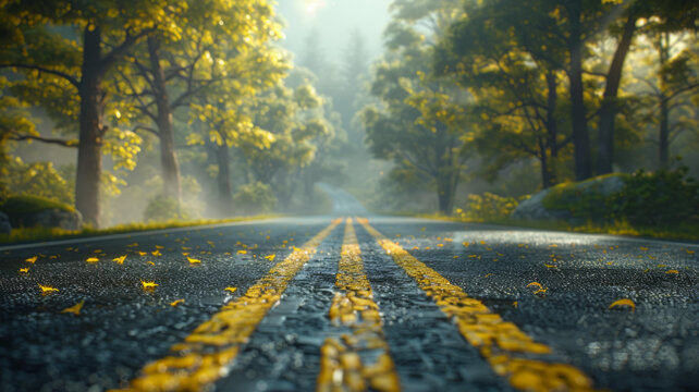 鄉(xiāng)間公路穿過(guò)美麗蔥郁的綠色森林