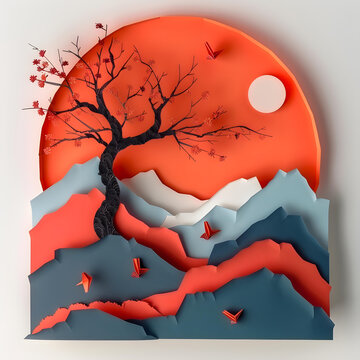 紅色剪紙風(fēng)景