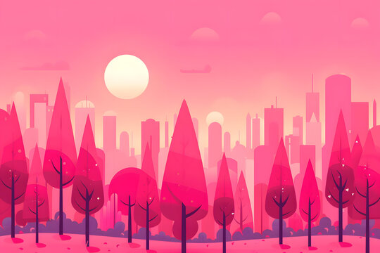 粉紅色城市景觀與夕陽樹木